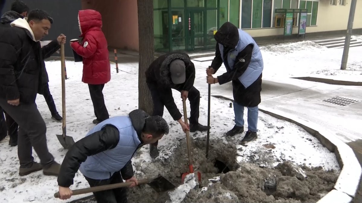 Активисты «Жастар Рухы» очистили улицы от снега в Алматы