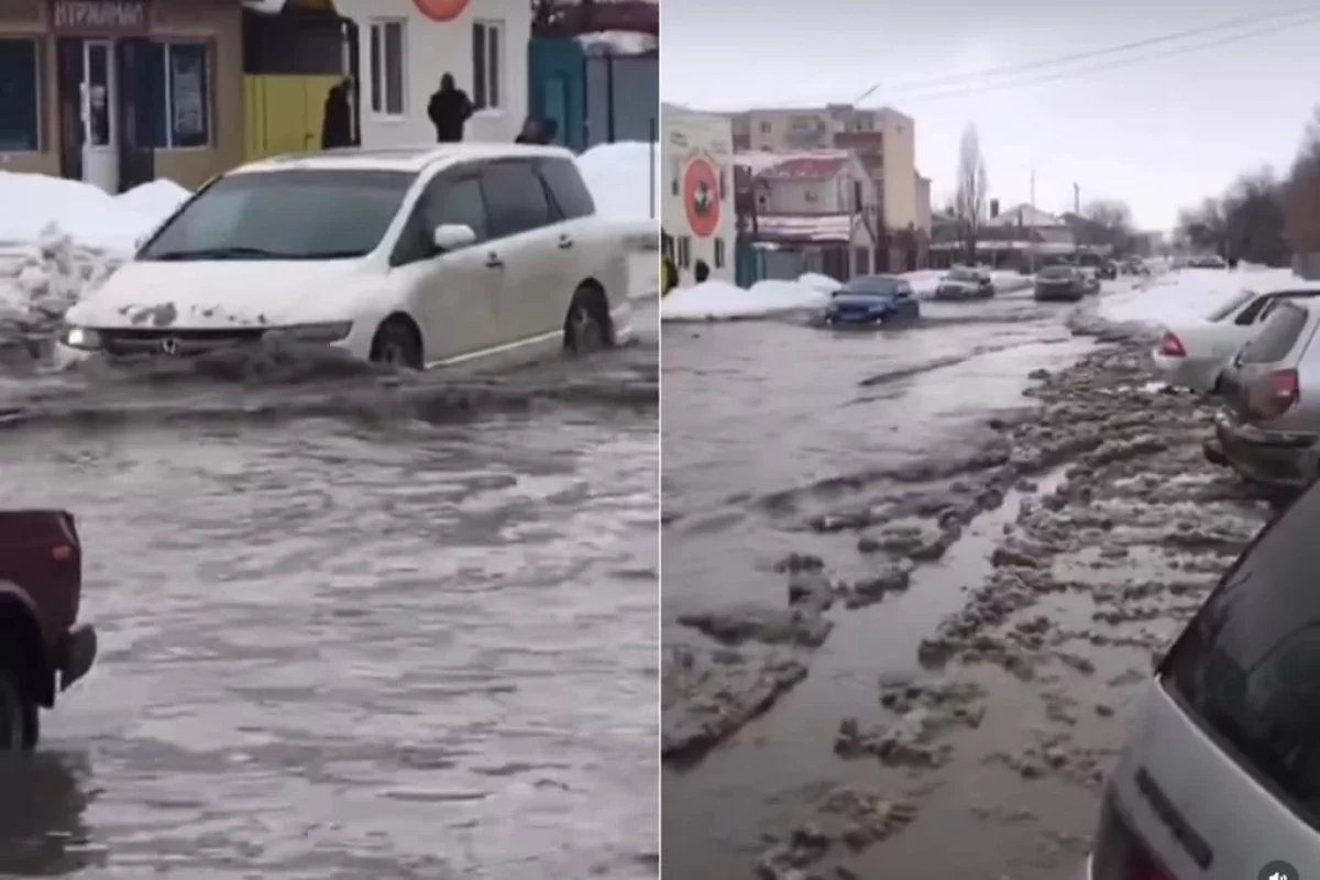 Ақтөбеде нөсер жауыннан соң көшелерді су басты