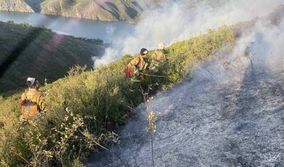 С поезда и вертолета тушат пожар в горной местности ВКО