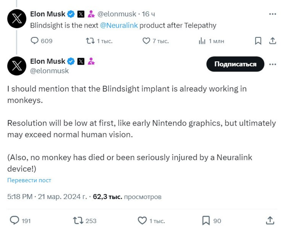 Мозговой имплант для слабовидящих анонсировал Илон Маск