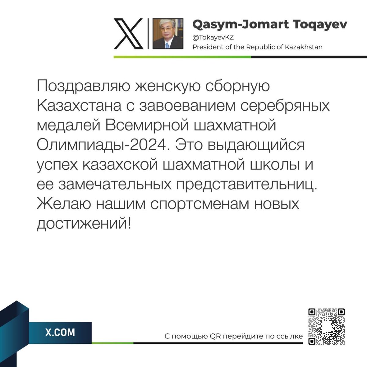 Токаев поздравил казахстанских шахматисток