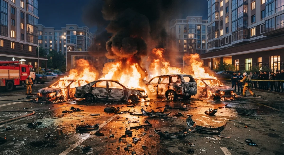 Сразу пять автомобилей загорелись на парковке возле жилого комплекса в Астане