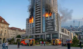 Девушка прыгнула с 11-го этажа в корзину автолестницы, спасаясь от пожара (ВИДЕО)