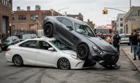Mercedes во время погони приземлился на автомобиль с женщиной внутри