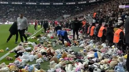 Футбольное поле закидали мягкими игрушками во время матча в Турции