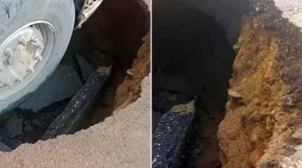 Алматыда асфальт опырылып, жүк көлігі шұңқырға түсіп кетті