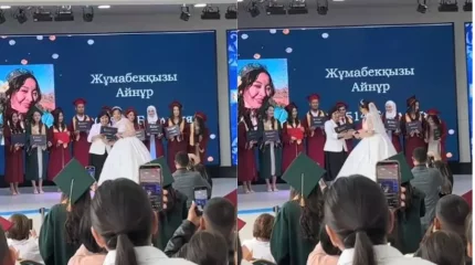 "Дипломмен тұрмысқа". Желіде той көйлегімен диплом алған түлектің видеосы тарады