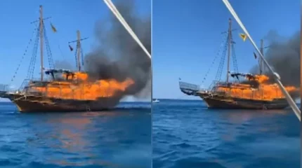 Грекияның Родос аралында бір топ турист мінген кеме теңіз ортасында жанып кетті