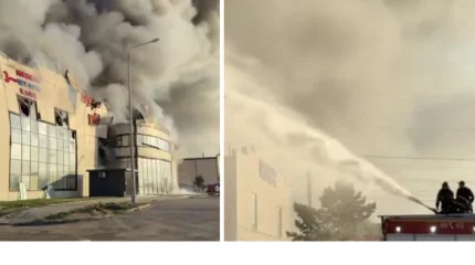 Гигантский пожар на рынке тушат в Астане