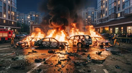Сразу пять автомобилей загорелись на парковке возле жилого комплекса в Астане