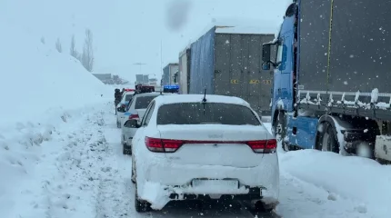 Жамбылда қар қалың жауып, жүкті әйел кептелісте қалып қойды