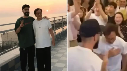 Ақтауда Джеки Чан Miyagi әндерін қосылып айтып, рэперді құшақтады