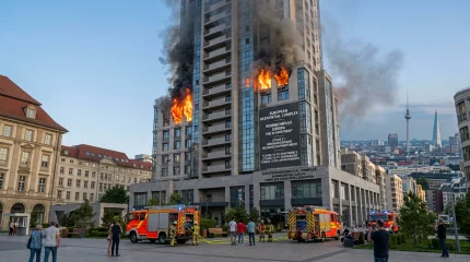 Девушка прыгнула с 11-го этажа в корзину автолестницы, спасаясь от пожара (ВИДЕО)
