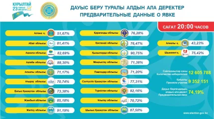 Сағат 20:00-дегі жағдай бойынша сайлаушылардың дауыс беруге қатысуы 74,19%-ды құрады