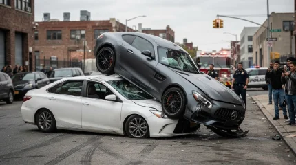 Mercedes во время погони приземлился на автомобиль с женщиной внутри